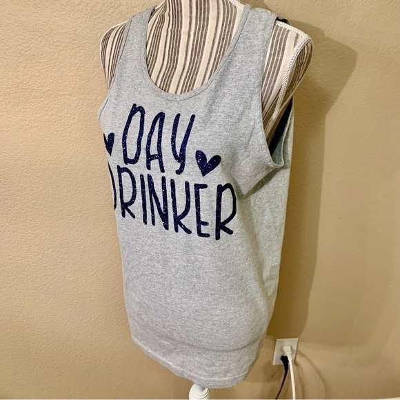 Graphic Tank Top Medium Grey “Day Drinker” Blue Glittery Print Alstyle Cotton - Picture 7 of 15